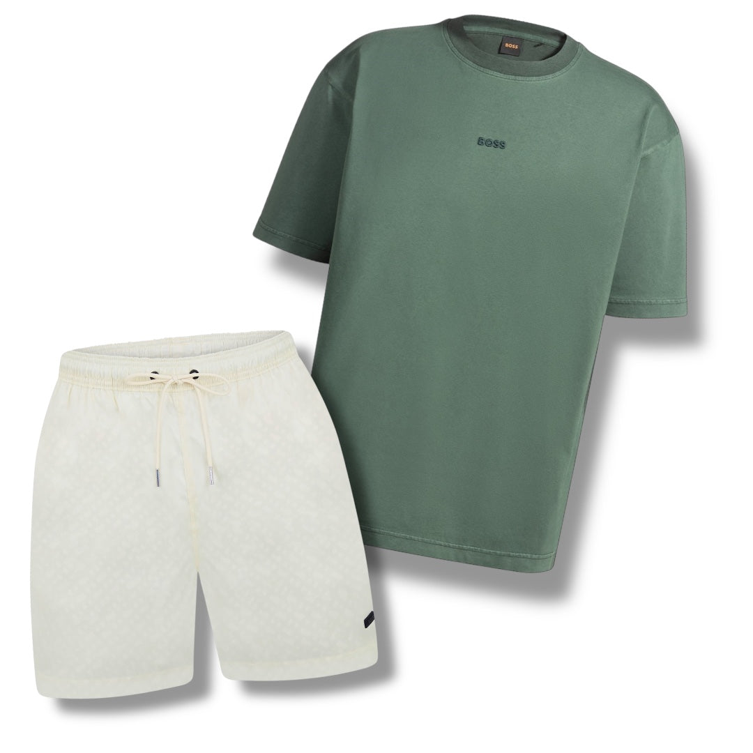 HUGO BOSS CENTRE LOGO T-SHIRT & ALL OVER LOGO SWIM SHORTS SET GREEN & WHITE