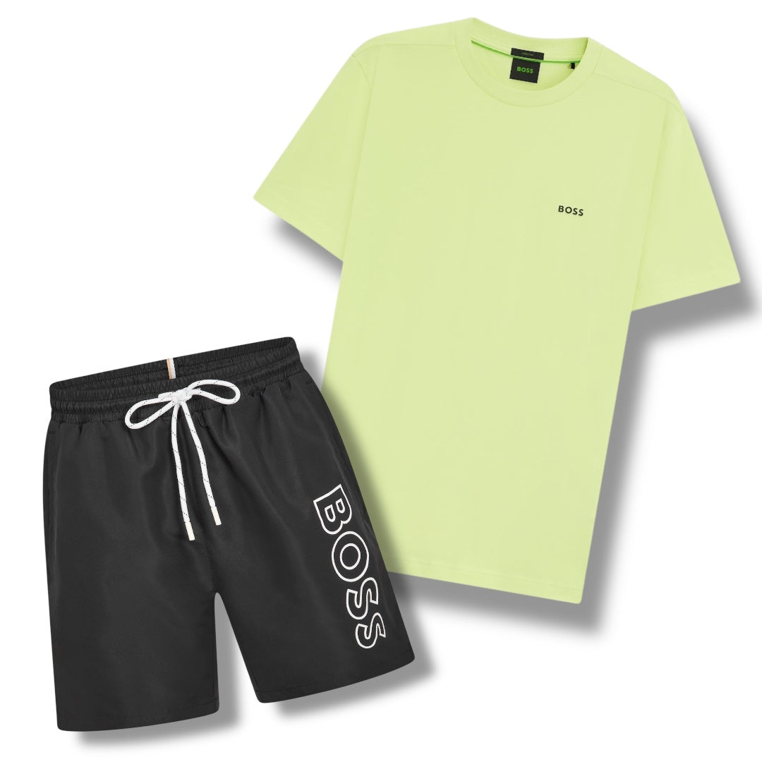 HUGO BOSS SMALL LOGO T-SHIRT & VERTI SWIM SHORTS SET LIME GREEN & BLACK