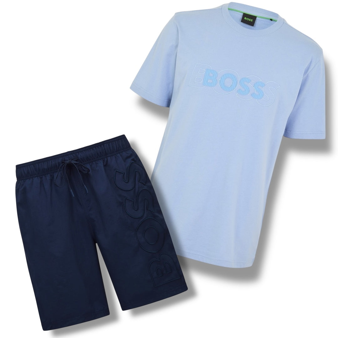 HUGO BOSS EMBROIDERED LOGO T-SHIRT & VERTI SWIM SHORTS SET LIGHT BLUE & NAVY