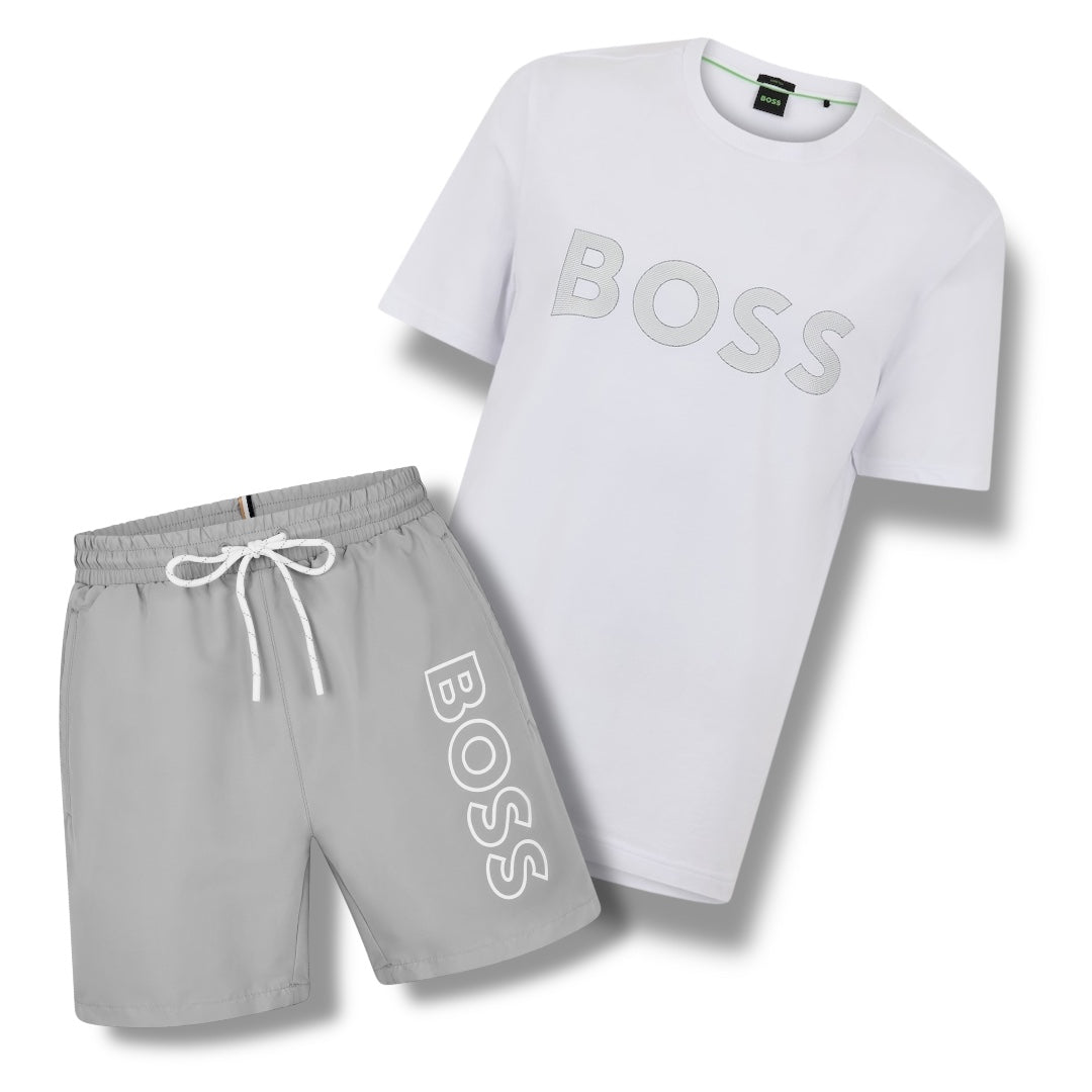 HUGO BOSS CLASSIC LOGO T-SHIRT & SWIM SHORTS SET WHITE & GREY