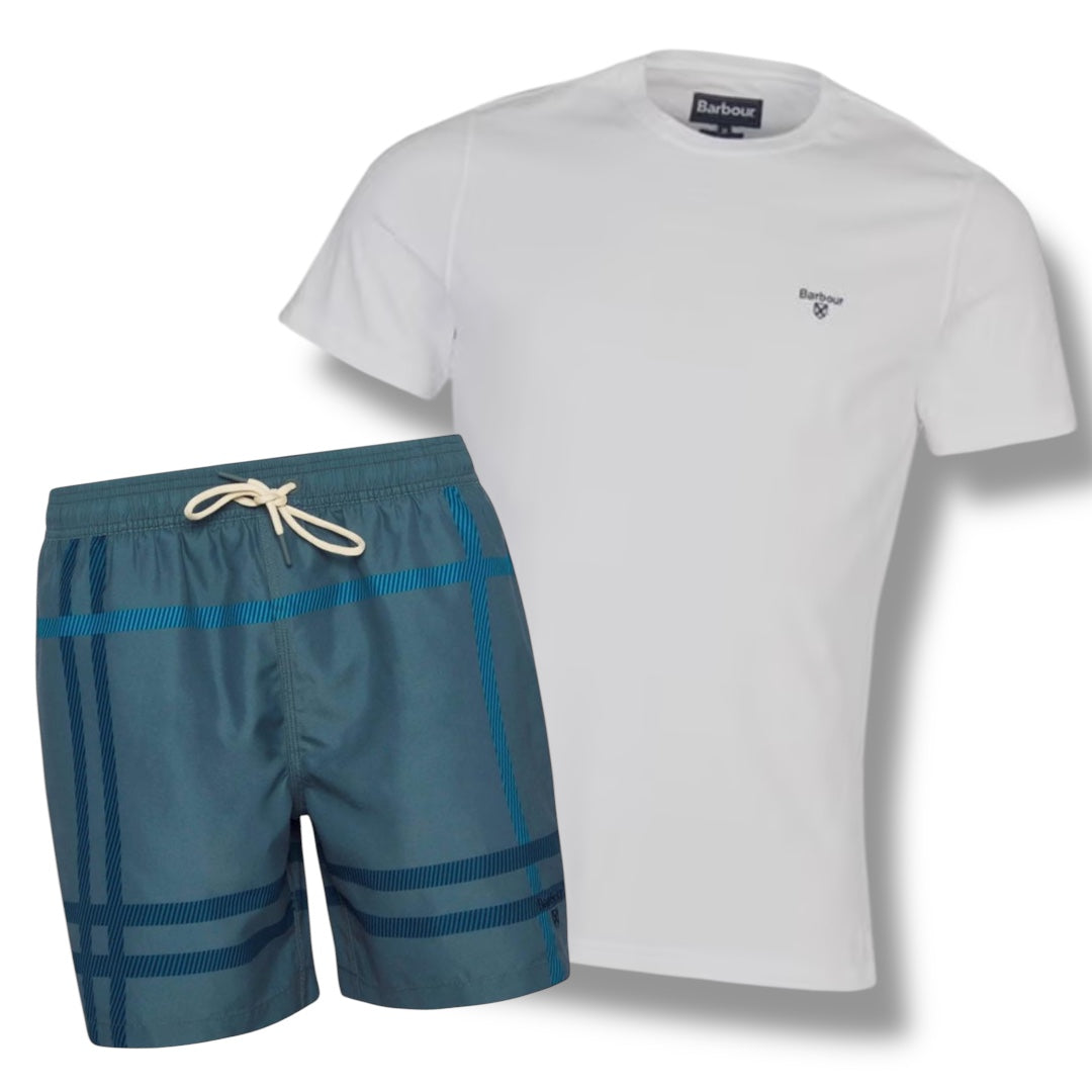 BARBOUR SMALL LOGO T-SHIRT & SWIM SHORTS COMBO WHITE - TEAL CHECK