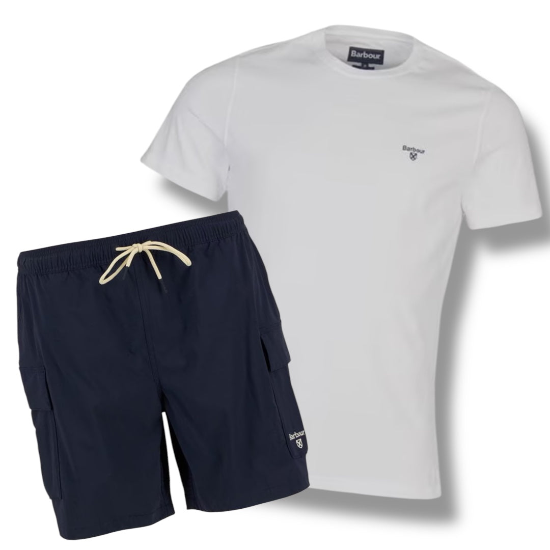 BARBOUR SMALL LOGO T-SHIRT & SWIM SHORTS COMBO WHITE - CARGO NAVY