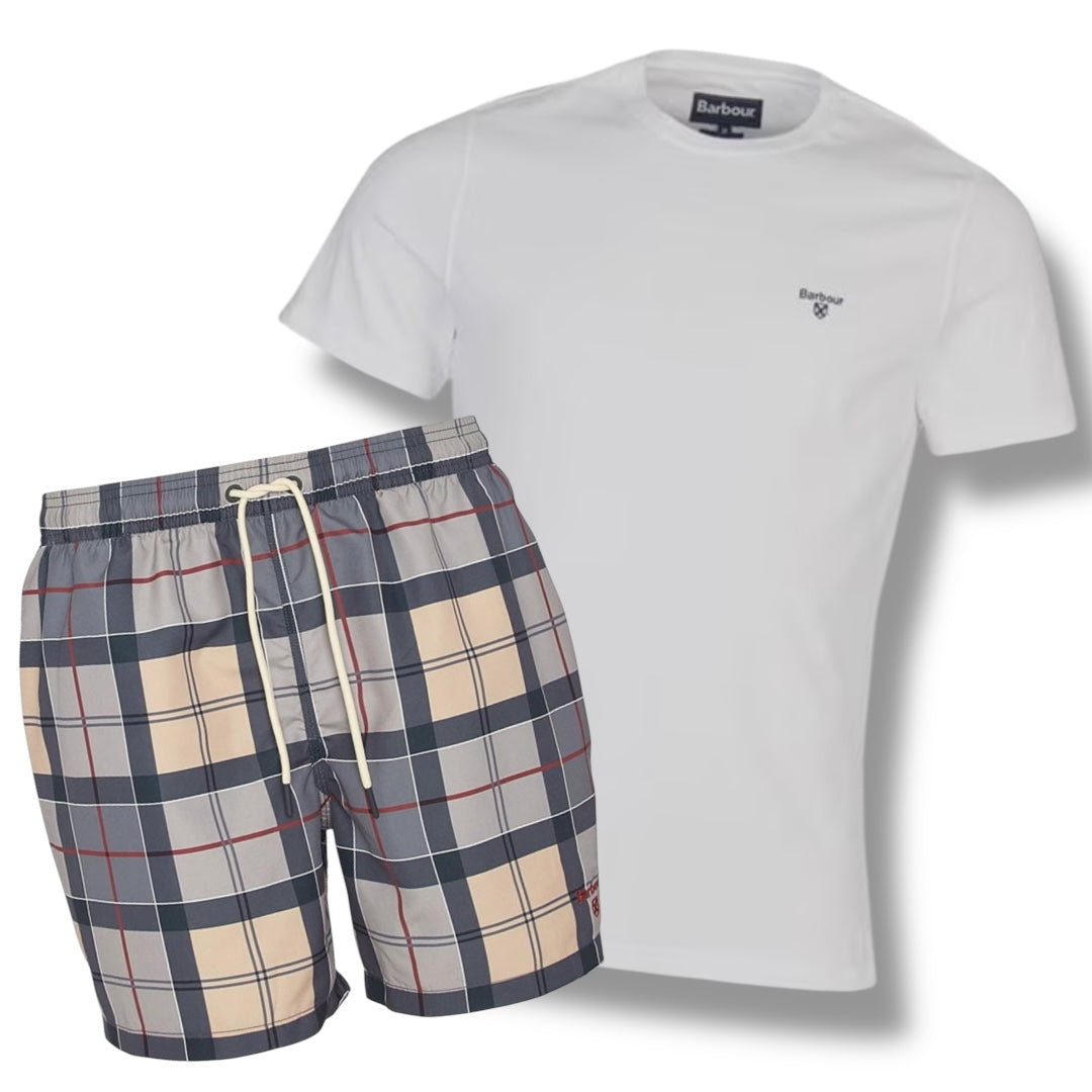 BARBOUR SMALL LOGO T-SHIRT & SWIM SHORTS COMBO WHITE -BEIGE CHECK