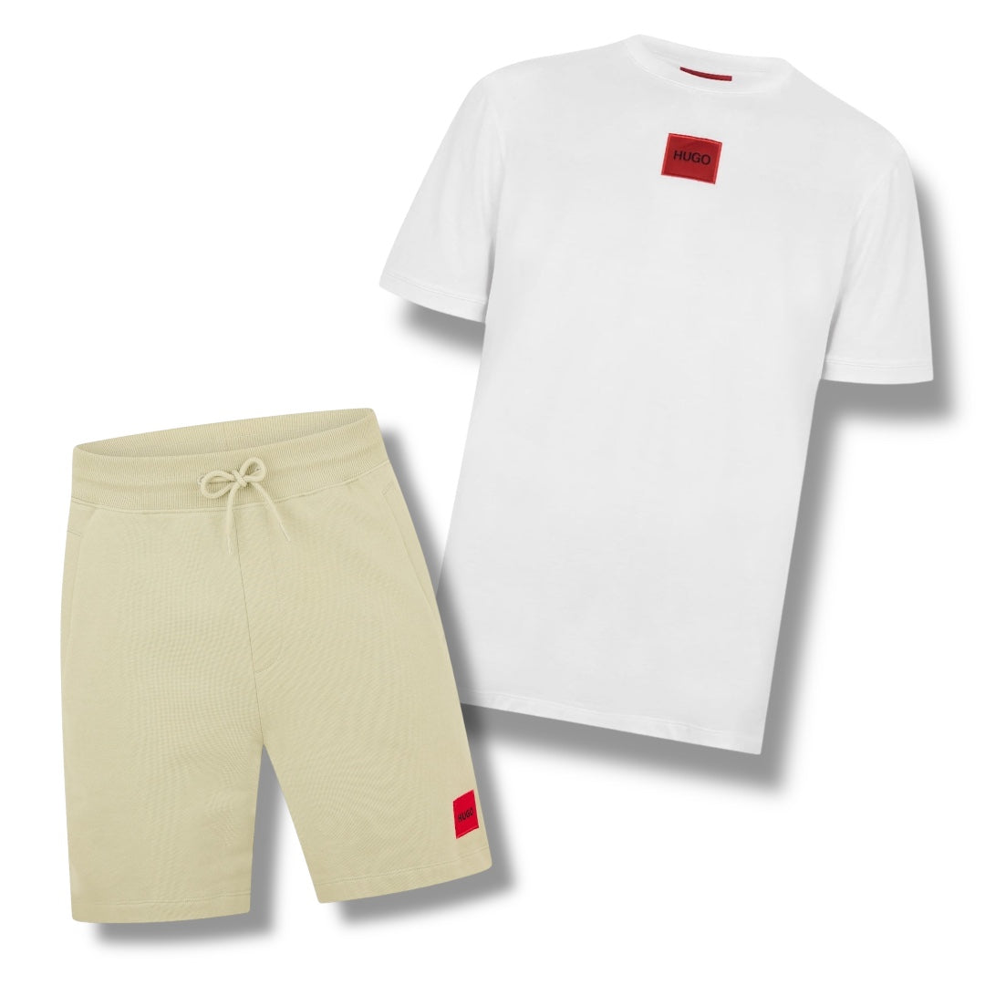 HUGO BOSS HUGO RED PATCH T-SHIRT & JERSEY SHORTS SET WHITE & LIGHT GREEN