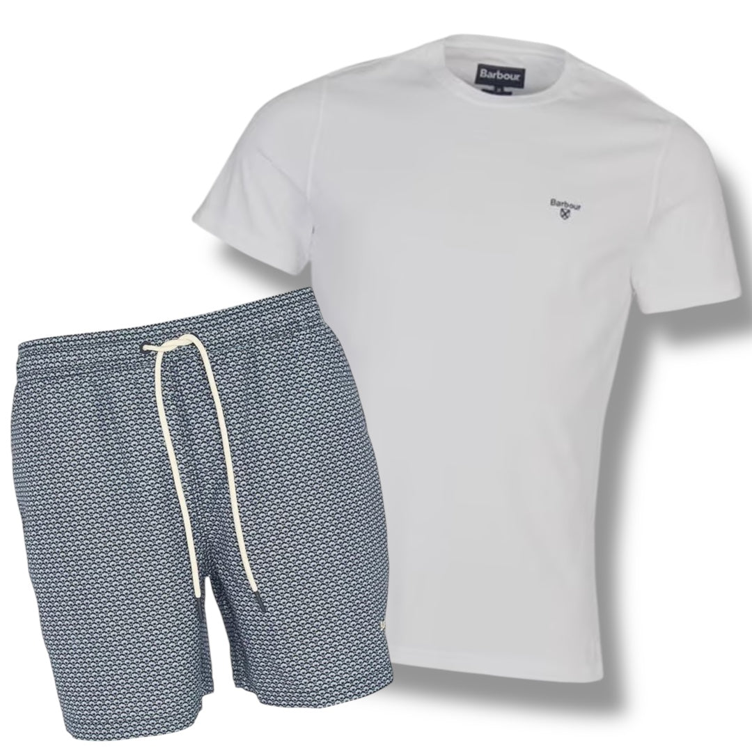BARBOUR SMALL LOGO T-SHIRT & SWIM SHORTS COMBO WHITE - NAVY SHELL