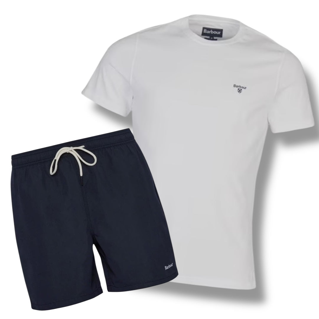 BARBOUR SMALL LOGO T-SHIRT & SWIM SHORTS COMBO WHITE - BLACK