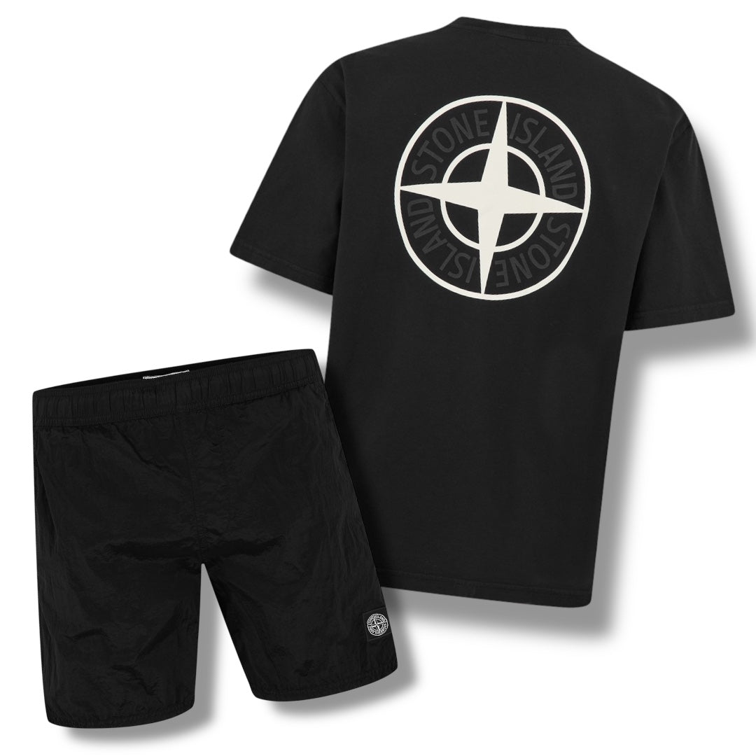 STONE ISLAND BACK DIAL LOGO T-SHIRT & NYLON METAL SWIM SHORTS COMBO BLACK