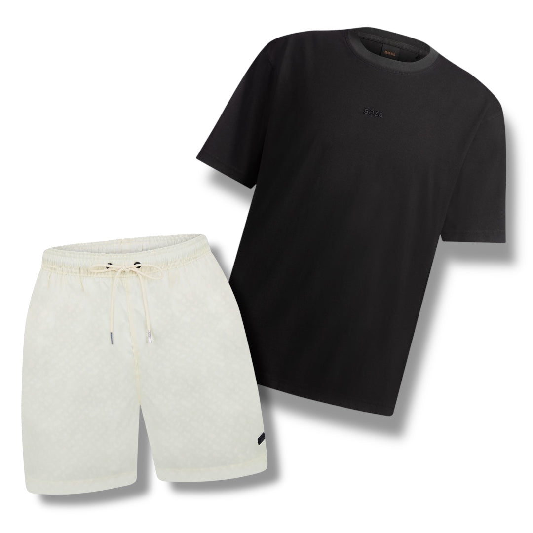 HUGO BOSS CENTRE LOGO T-SHIRT & ALL OVER LOGO SWIM SHORTS SET BLACK & WHITE