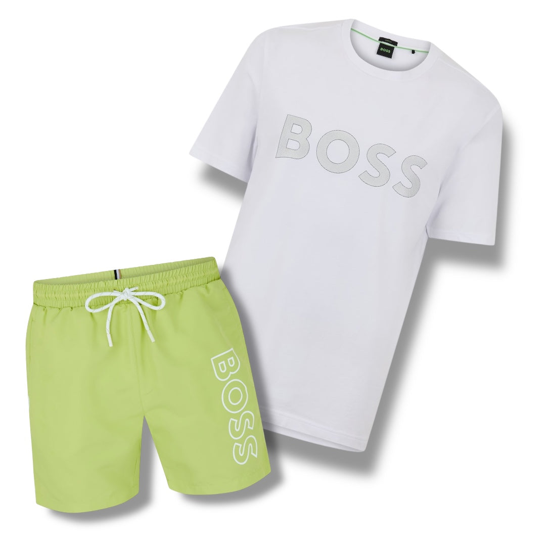 HUGO BOSS CLASSIC LOGO T-SHIRT & SWIM SHORTS SET WHITE & LIME GREEN
