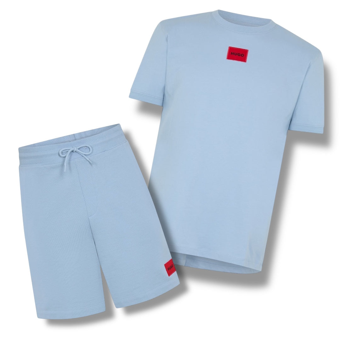 HUGO BOSS HUGO RED PATCH T-SHIRT & JERSEY SHORTS SET LIGHT BLUE