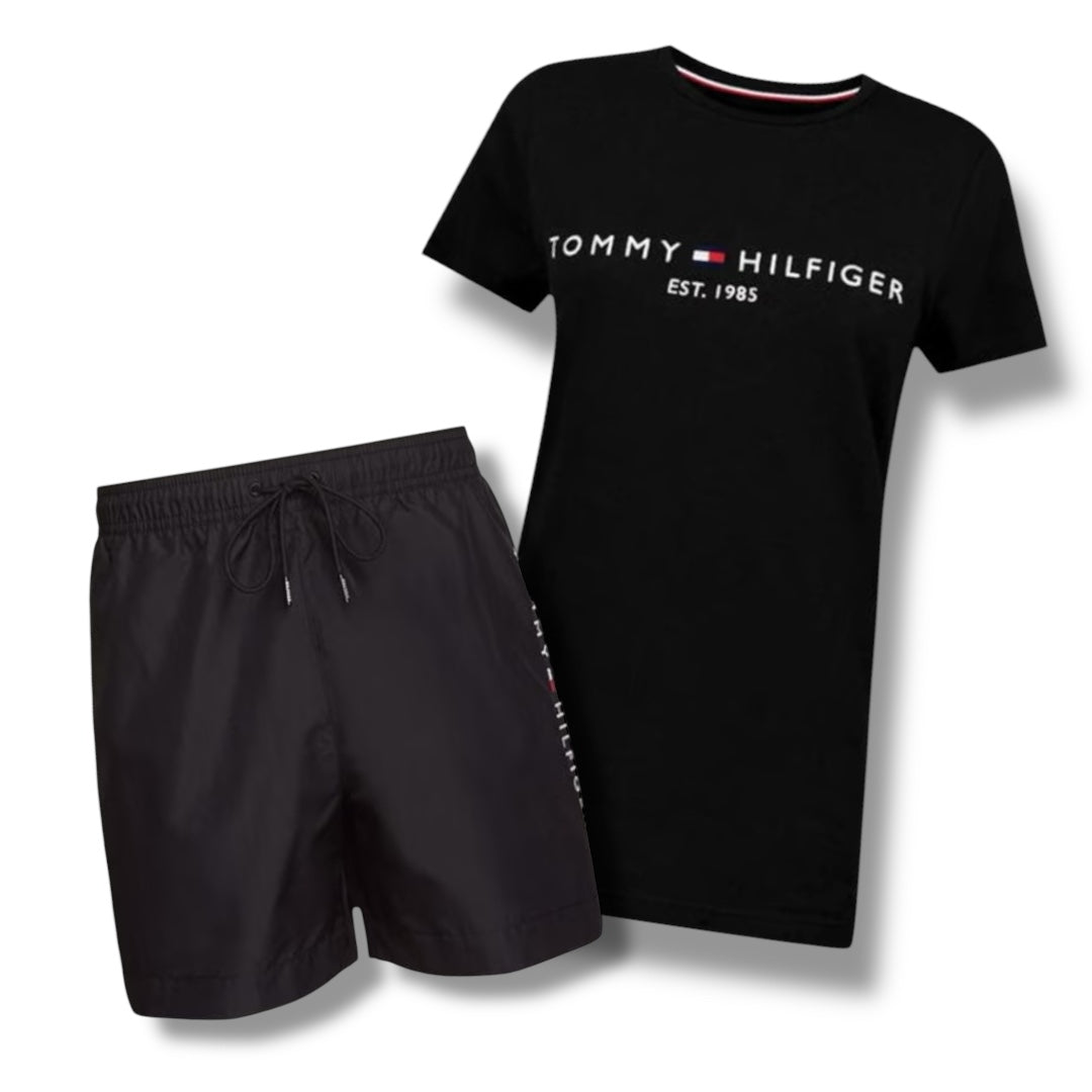 TOMMY HILFIGER EMBROIDERED LOGO T-SHIRT & SWIM SHORTS COMBO BLACK