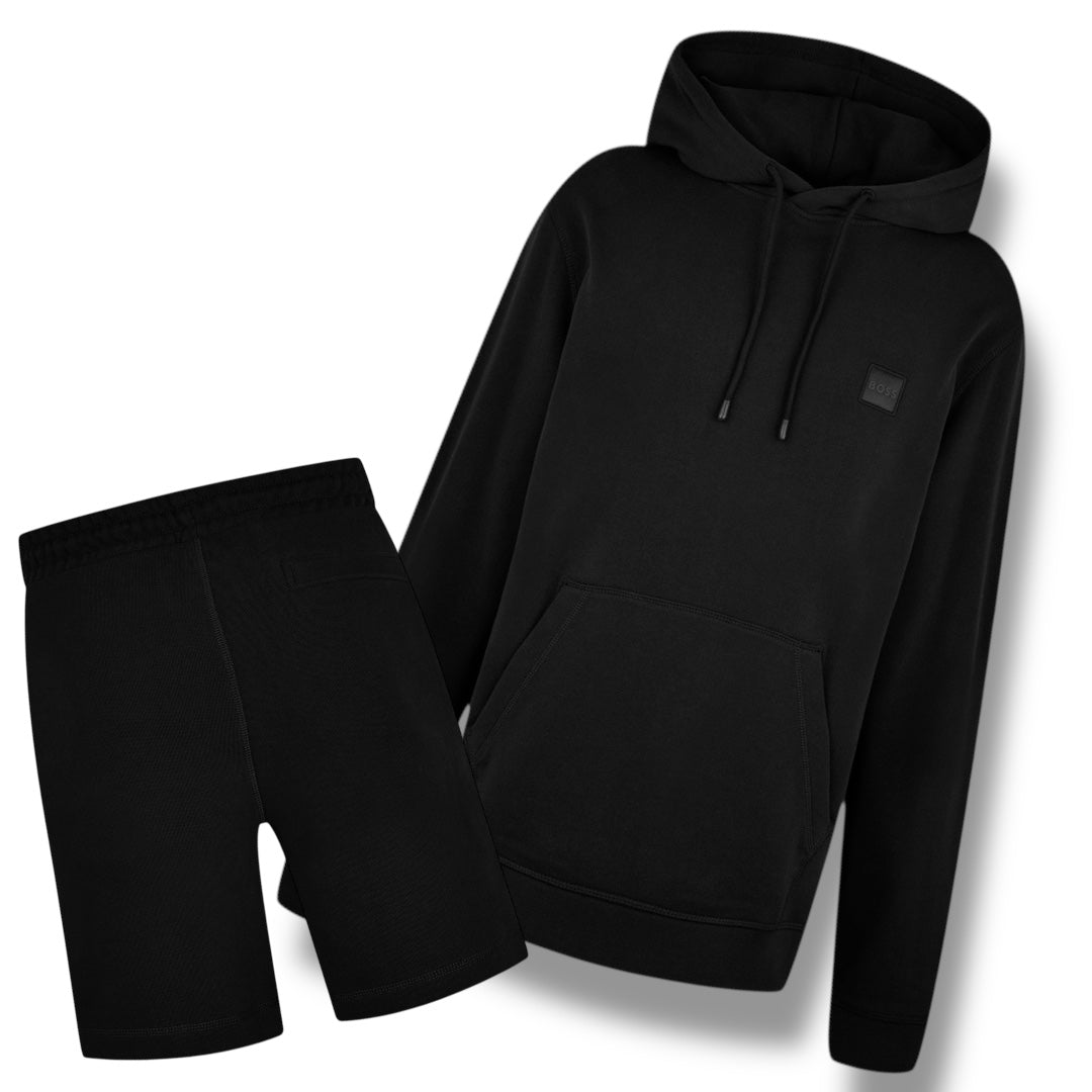 HUGO BOSS PATCH HOODIE & JERSEY SHORTS SET BLACK