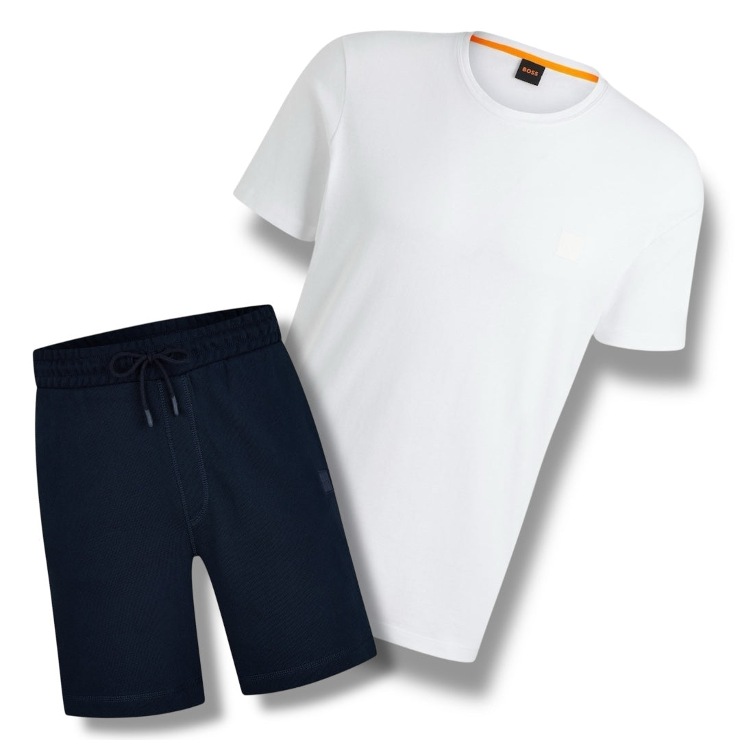 HUGO BOSS PATCH T-SHIRT & JERSEY SHORTS SET WHITE & NAVY BLUE