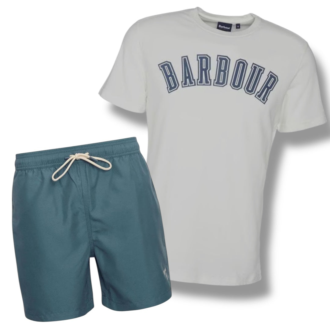 BARBOUR BIG LOGO T-SHIRT & SWIM SHORTS COMBO WHITE - TEAL
