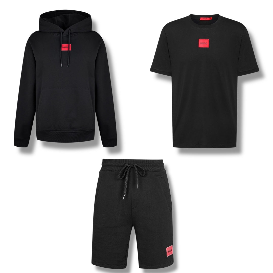 HUGO BOSS HUGO RED PATCH HOODIE - T-SHIRT & JERSEY SHORTS TRIPLE SET BLACK