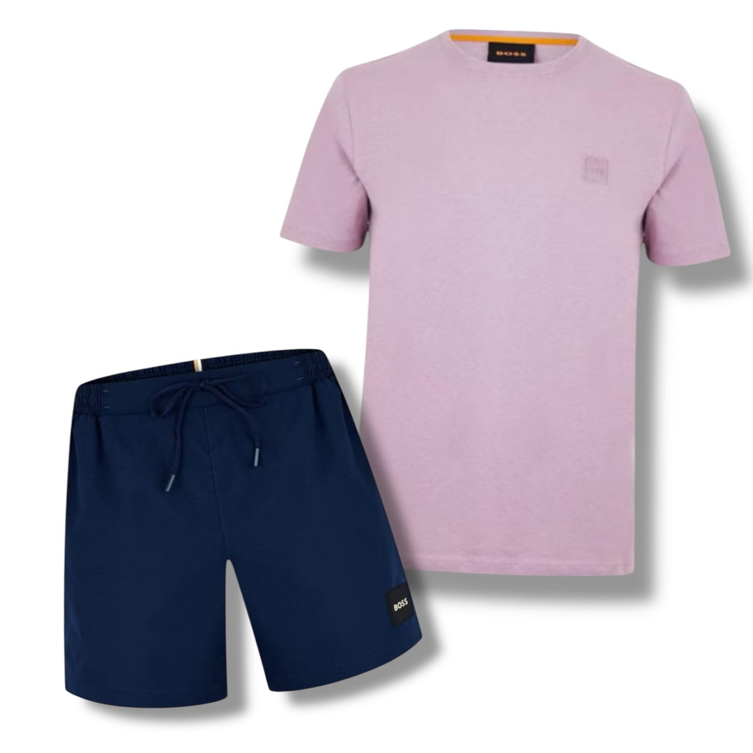 HUGO BOSS PATCH LOGO T-SHIRT & SWIM SHORTS COMBO PURPLE / NAVY
