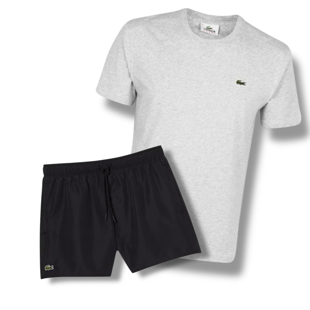 LACOSTE CROC LOGO T-SHIRT & SWIM SHORTS COMBO GREY / BLACK