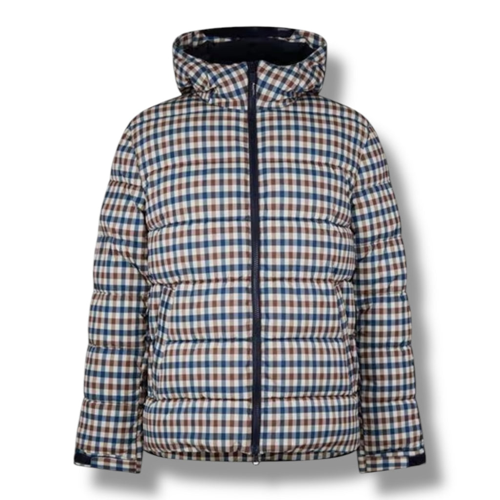 AQUASCUTUM HOODED PUFFER JACKET CHECK ALL OVER BROWN