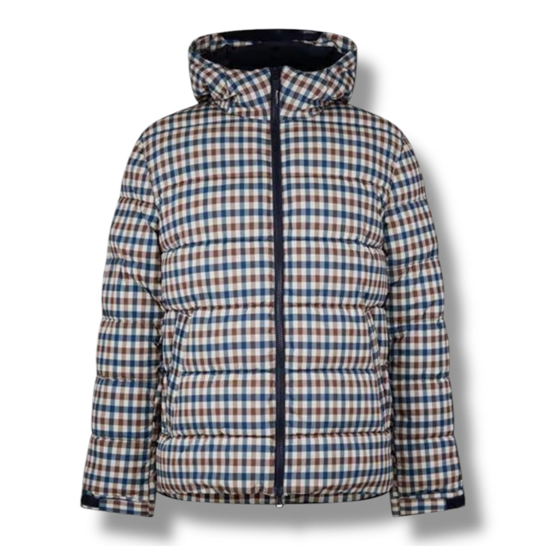 AQUASCUTUM HOODED PUFFER JACKET CHECK ALL OVER BROWN