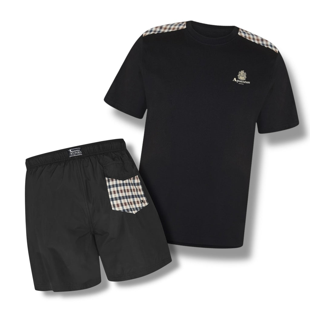 AQUASCUTUM SHOULDER TRIM T-SHIRT & SWIM SHORTS SET BACK POCKET BLACK