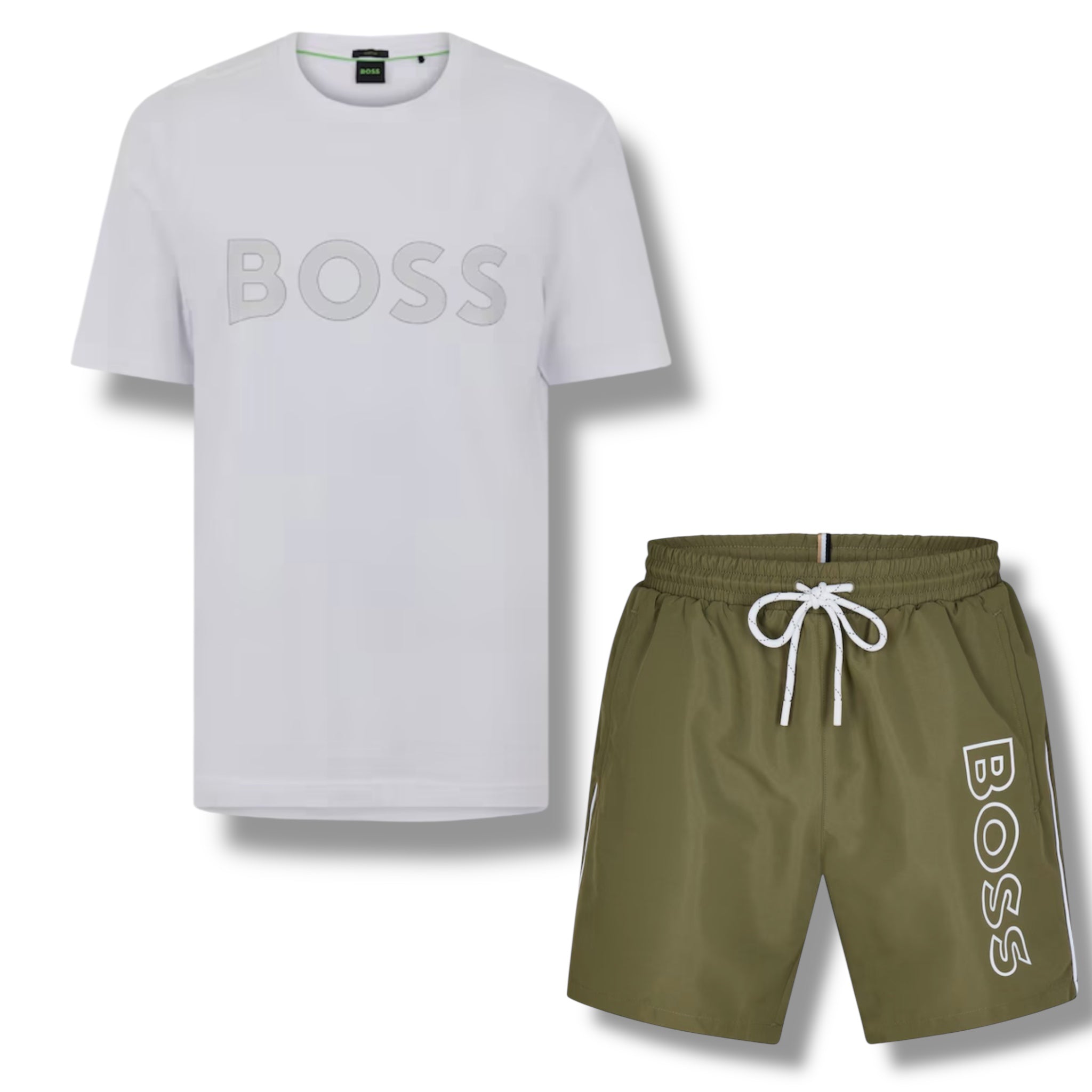 HUGO BOSS CLASSIC LOGO T-SHIRT & SWIM SHORTS SET WHITE & KHAKI GREEN