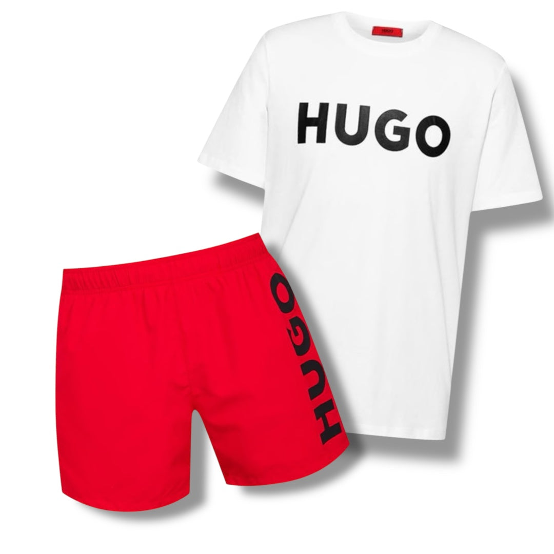 HUGO BIG LOGOT-SHIRT & VERTI SWIM SHORTS COMBO WHITE / RED