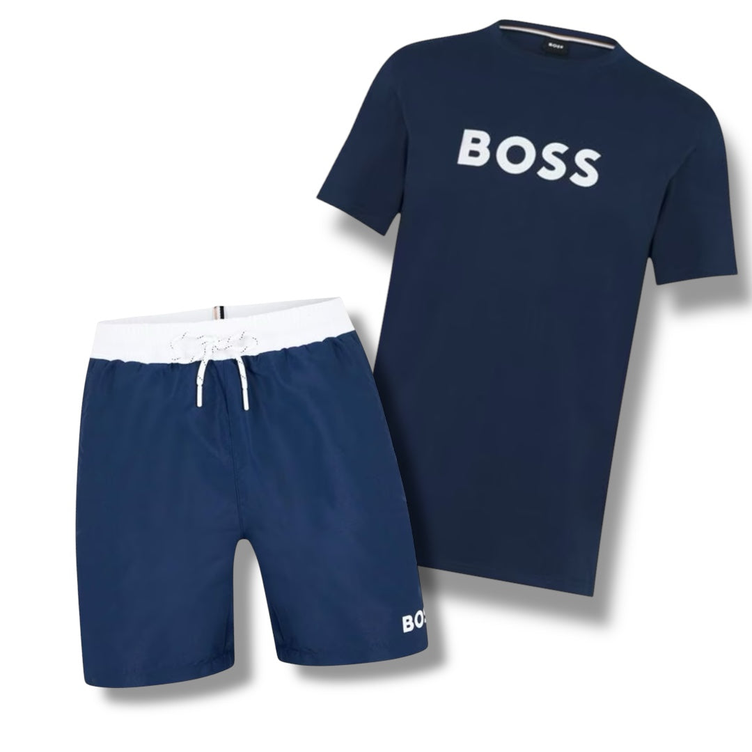 HUGO BOSS BIG LOGO T-SHIRT & SWIM SHORTS COMBO NAVY BLUE