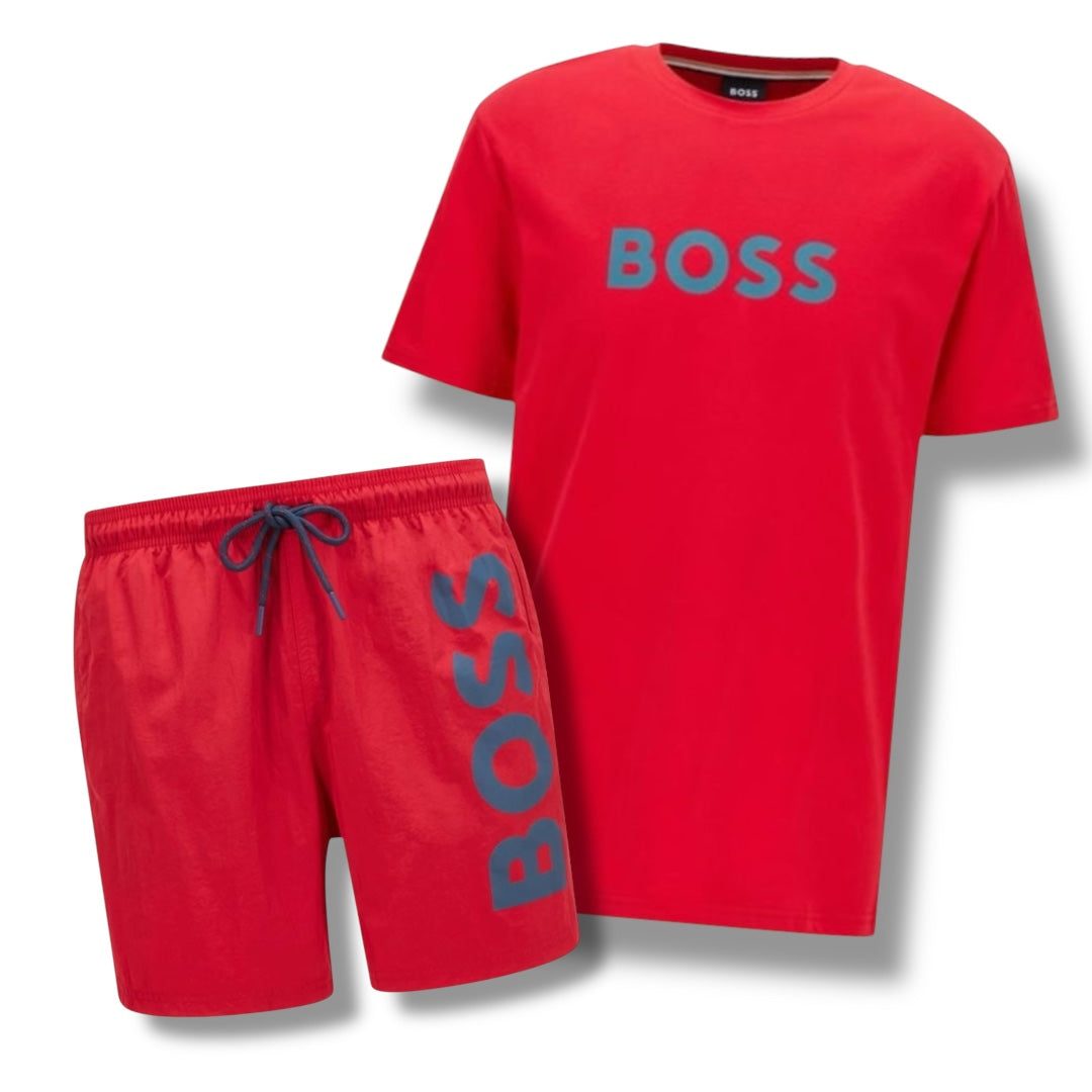 HUGO BOSS BIG LOGO T-SHIRT & VERTI SWIM SHORTS COMBO RED