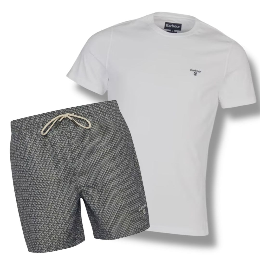 BARBOUR SMALL LOGO T-SHIRT & SWIM SHORTS COMBO WHITE - OLIVE SHELL