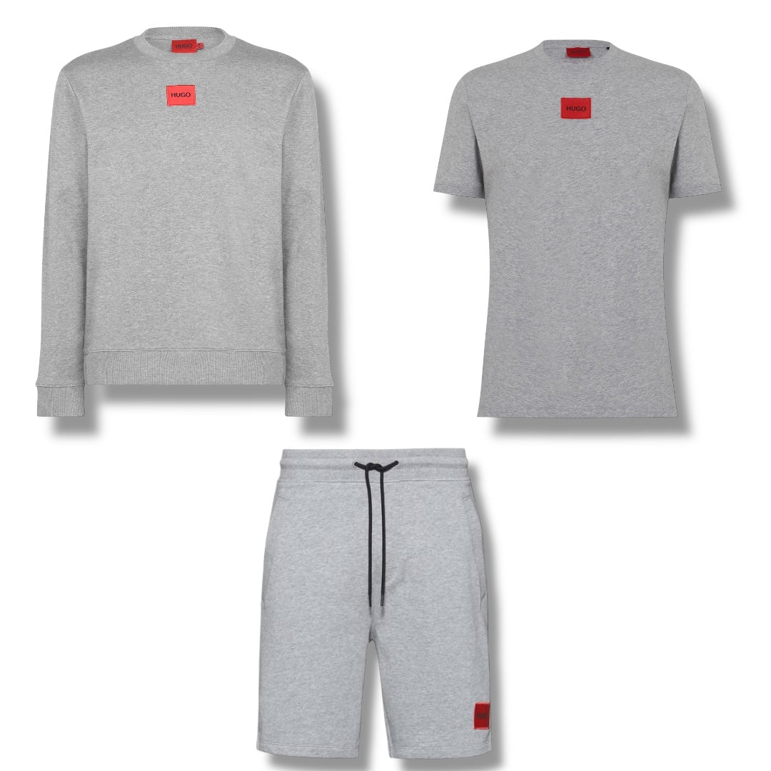 HUGO BOSS HUGO RED PATCH SWEATSHIRT - T-SHIRT & JERSEY SHORTS TRIPLE SET LIGHT GREY