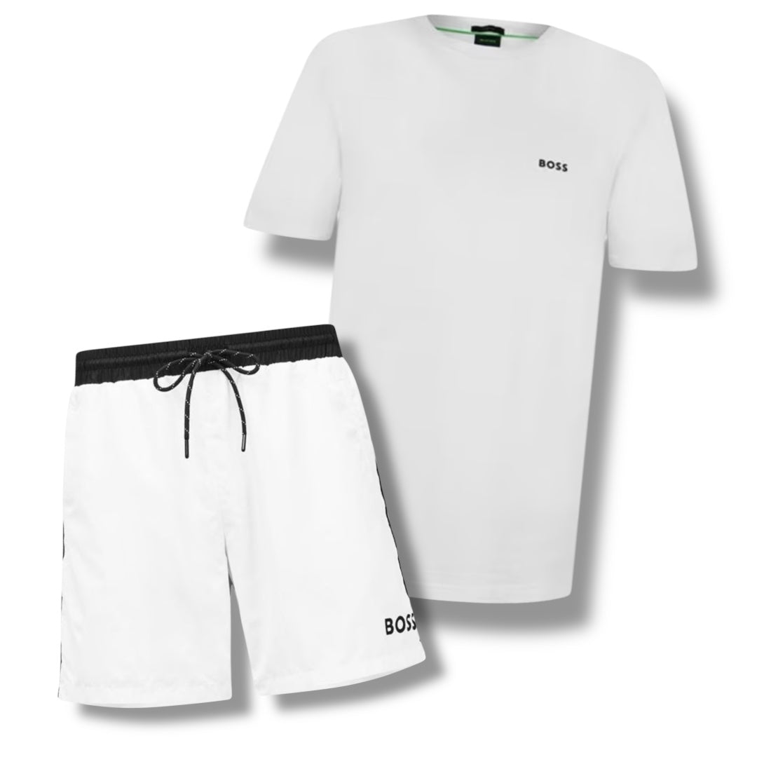 HUGO BOSS SMALL LOGO T-SHIRT & SWIM SHORTS COMBO WHITE
