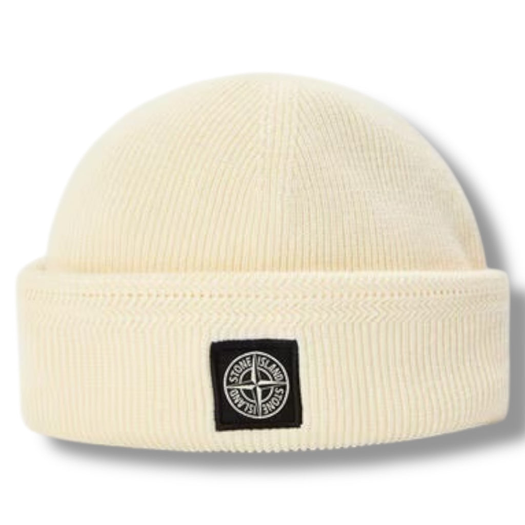 STONE ISLAND PATCH BEANIE HAT IVORY BEIGE