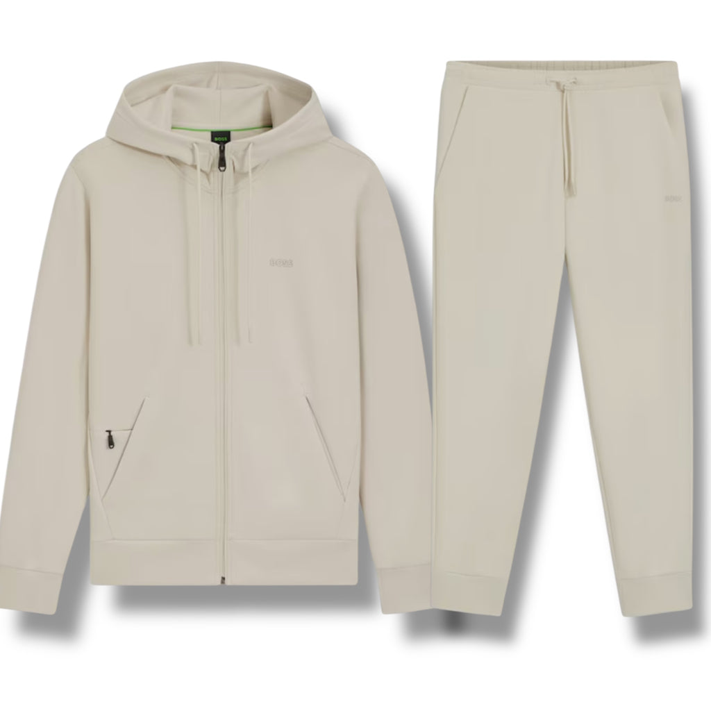 HUGO BOSS CURVED LOGO FULL ZIP HOODED TRACKSUIT BEIGE