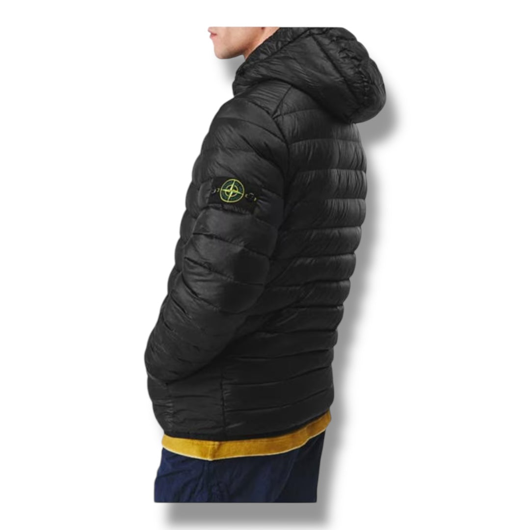 STONE ISLAND LOOM WOVEN HOODED PUFFER JACKET BLACK