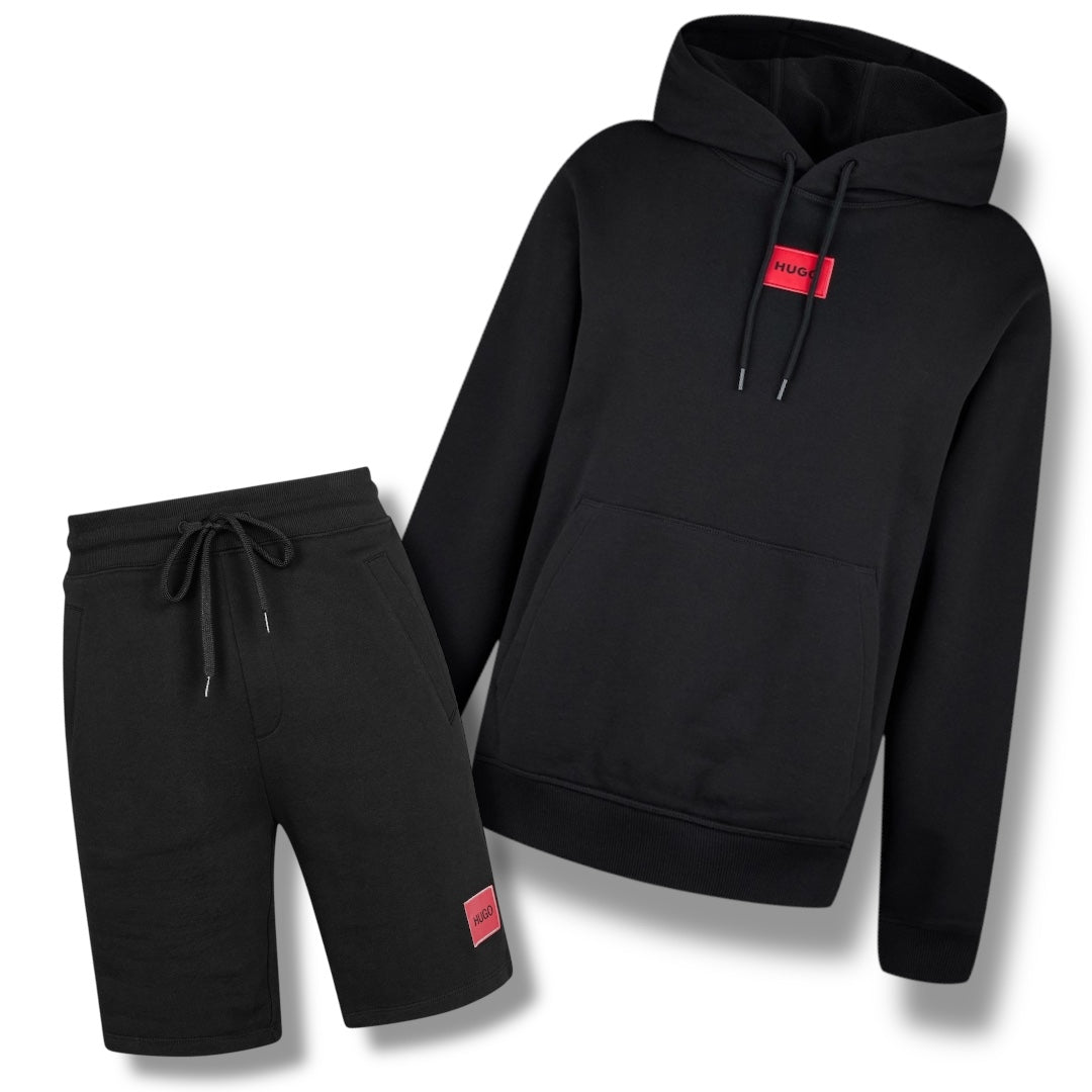HUGO BOSS HUGO RED PATCH HOODIE & JERSEY SHORTS SET BLACK