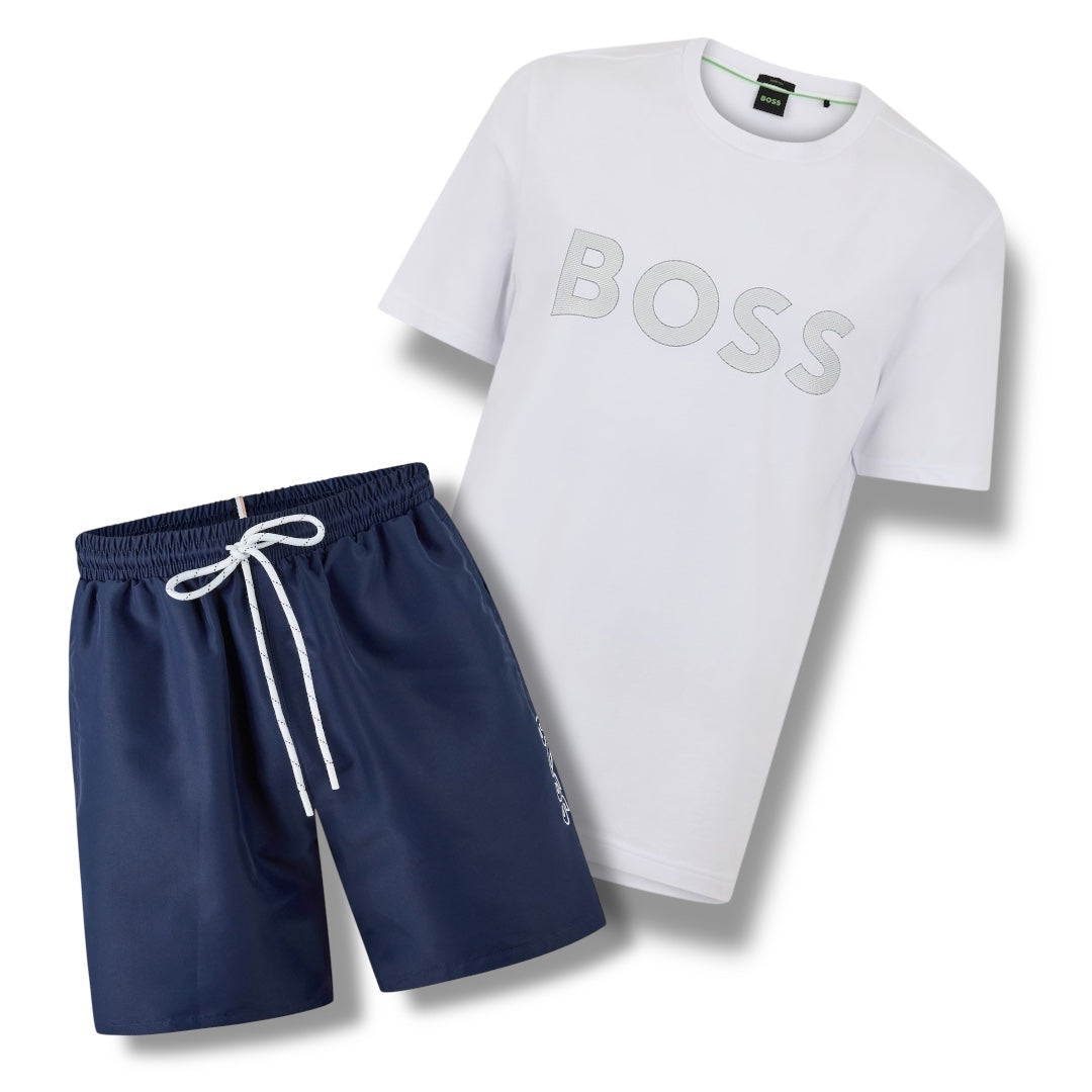 HUGO BOSS CLASSIC LOGO T-SHIRT & SWIM SHORTS SET WHITE & NAVY