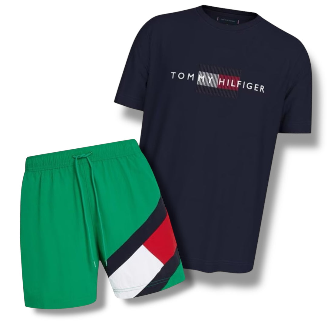 TOMMY HILFIGER FLAG LOGO T-SHIRT & SWIM SHORTS COMBO NAVY / GREEN