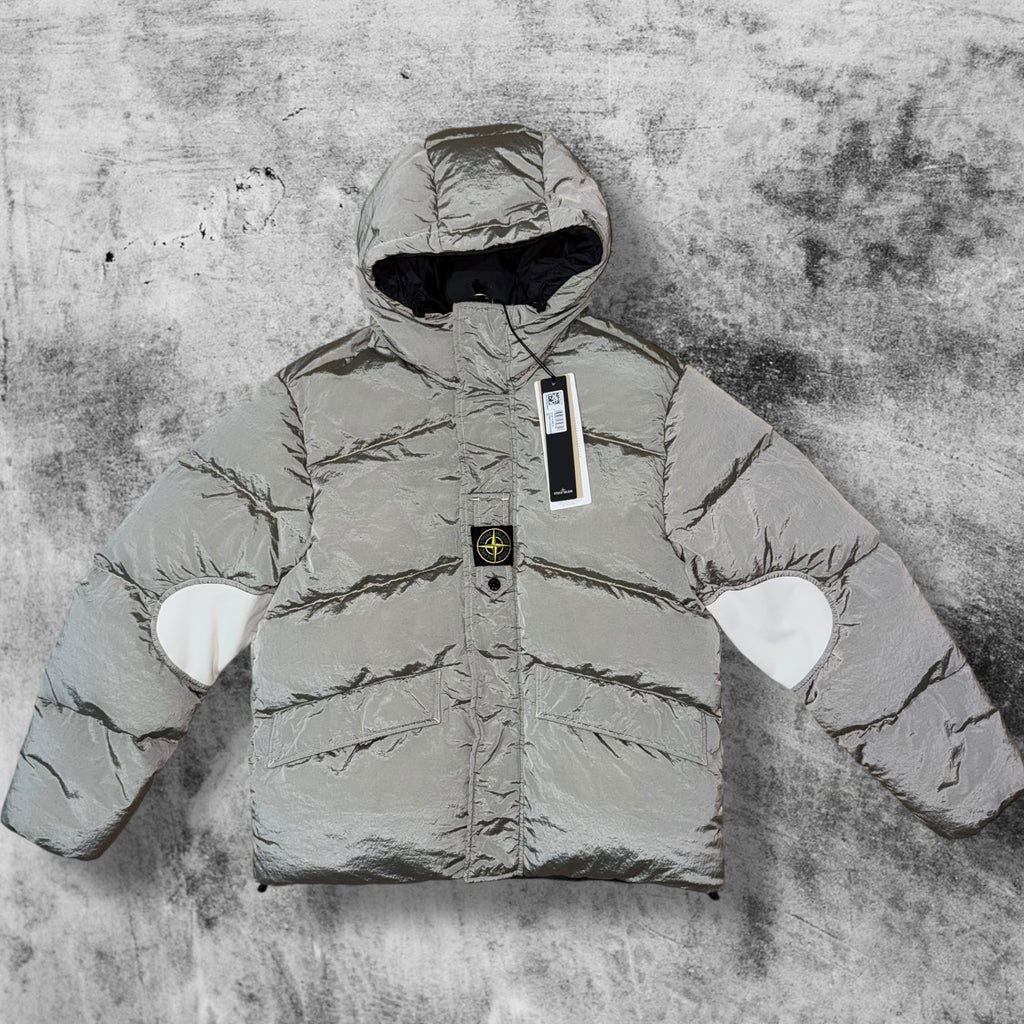 STONE ISLAND NYLON METAL REVERSIBLE HOODED PUFFER JACKET GREY BLACK