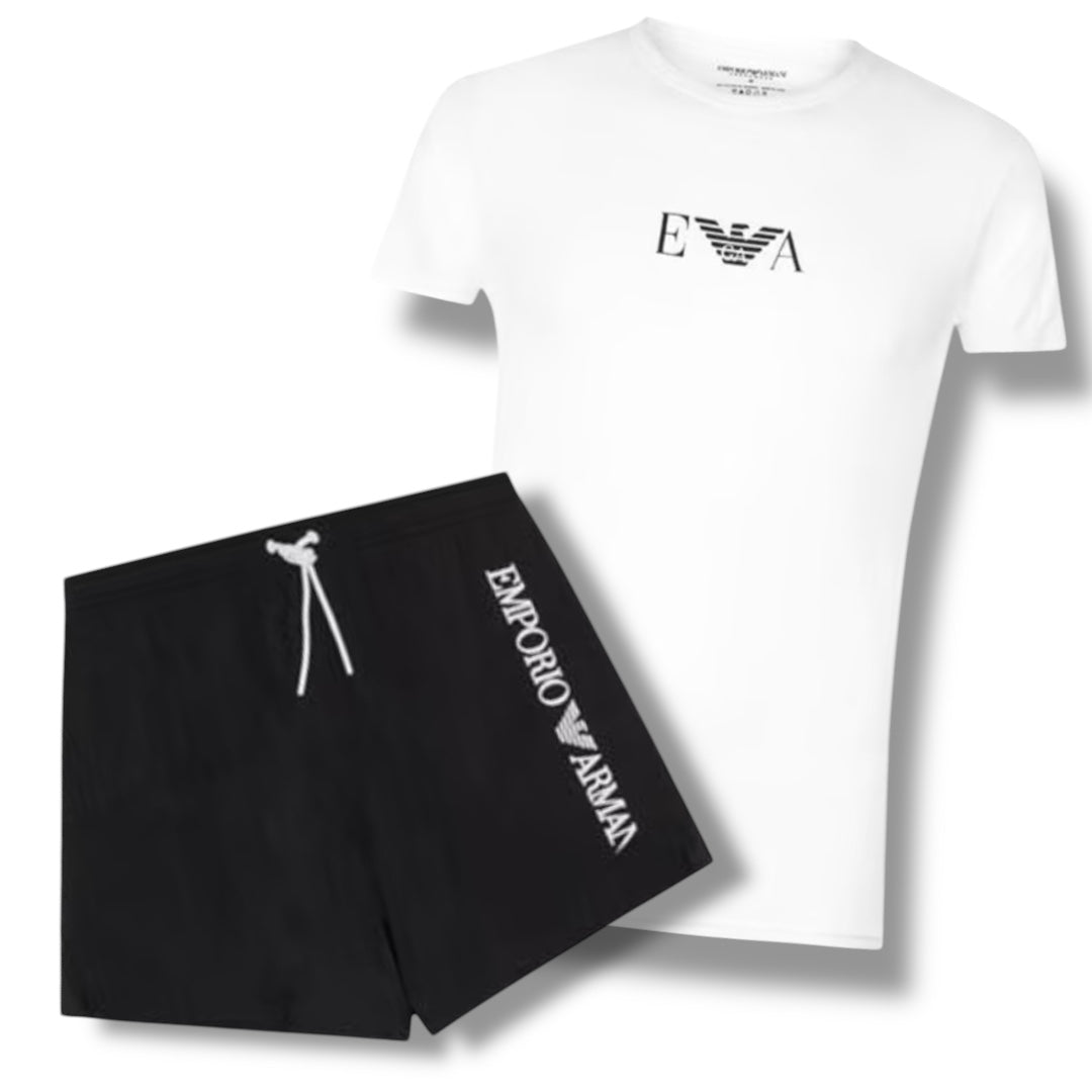 ARMANI EA T-SHIRT & VERTI SWIM SHORTS COMBO WHITE / BLACK