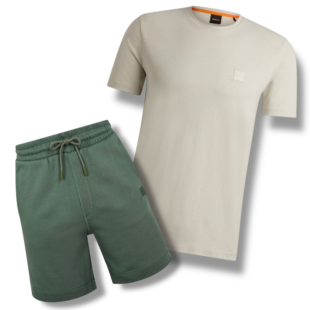 HUGO BOSS PATCH T-SHIRT & JERSEY SHORTS SET BEIGE & GREEN