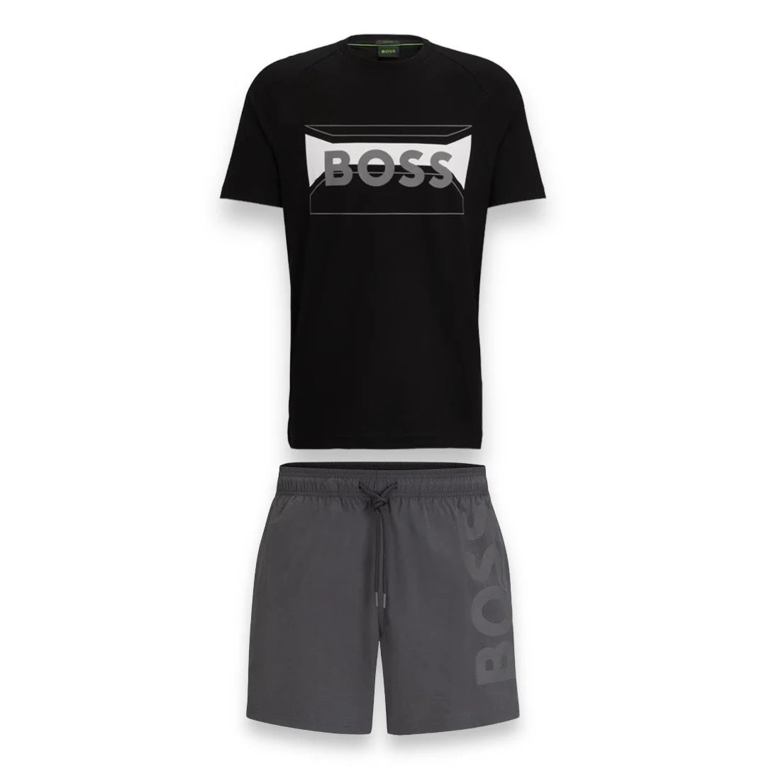HUGO BOSS HUGO T-SHIRT & SWIM SHORTS SET GREY & BLACK * SALE *