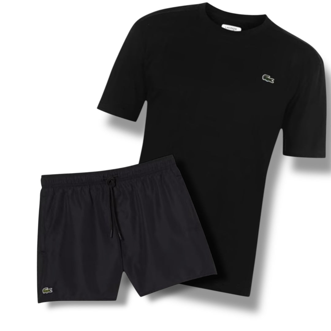 LACOSTE CROC LOGO T-SHIRT & SWIM SHORTS COMBO BLACK