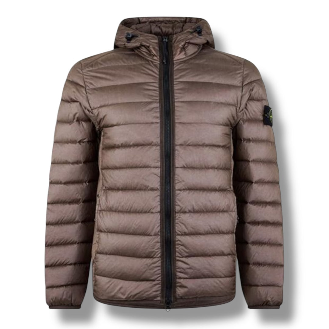 STONE ISLAND LOOM WOVEN HOODED PUFFER JACKET NOCE BROWN
