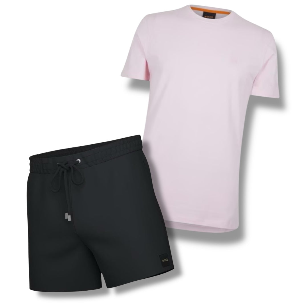 HUGO BOSS PATCH LOGO T-SHIRT & SWIM SHORTS COMBO PINK / BLACK