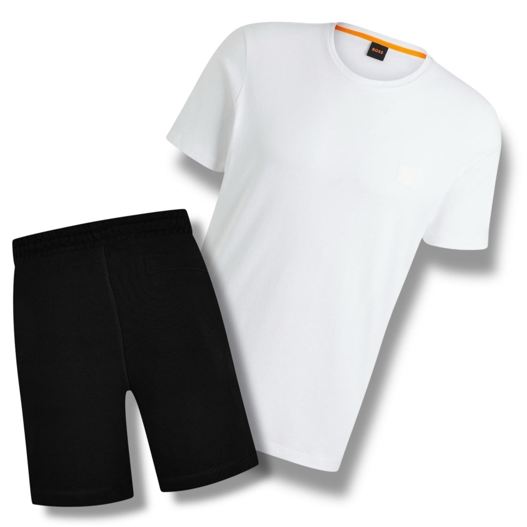 HUGO BOSS PATCH T-SHIRT & JERSEY SHORTS SET WHITE & BLACK