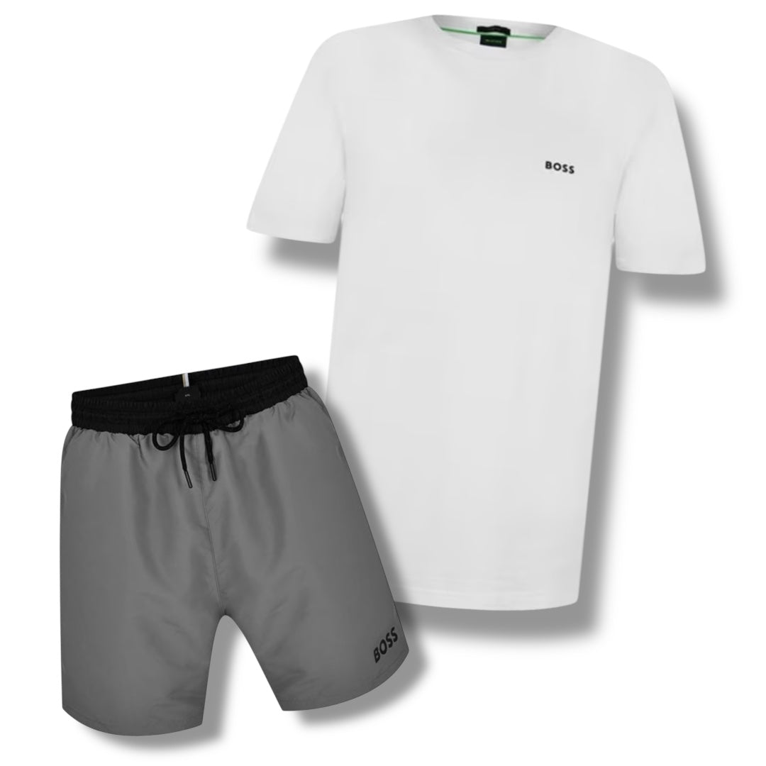 HUGO BOSS SMALL LOGO T-SHIRT & SWIM SHORTS COMBO WHITE / GREY