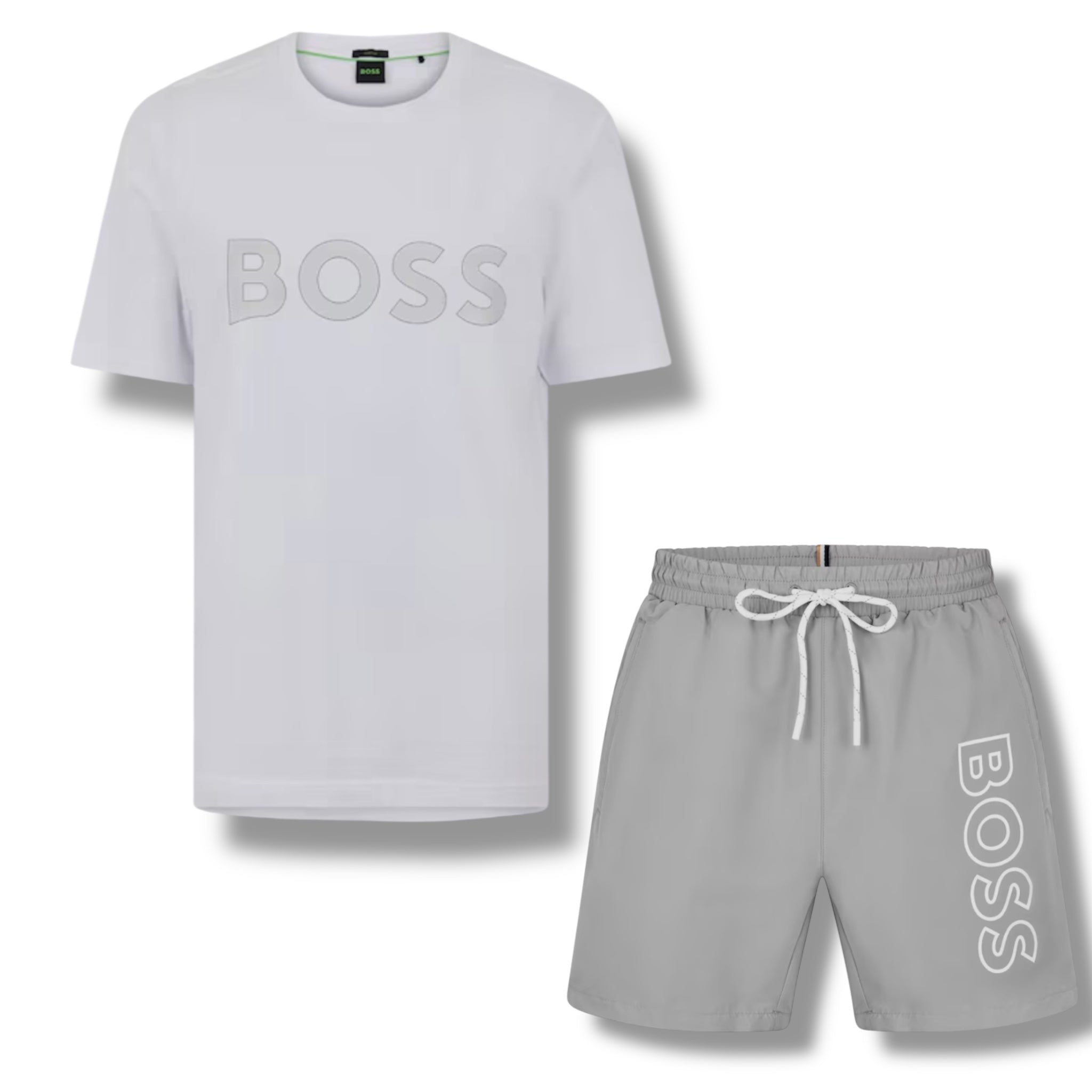 HUGO BOSS CLASSIC LOGO T-SHIRT & SWIM SHORTS SET WHITE & GREY