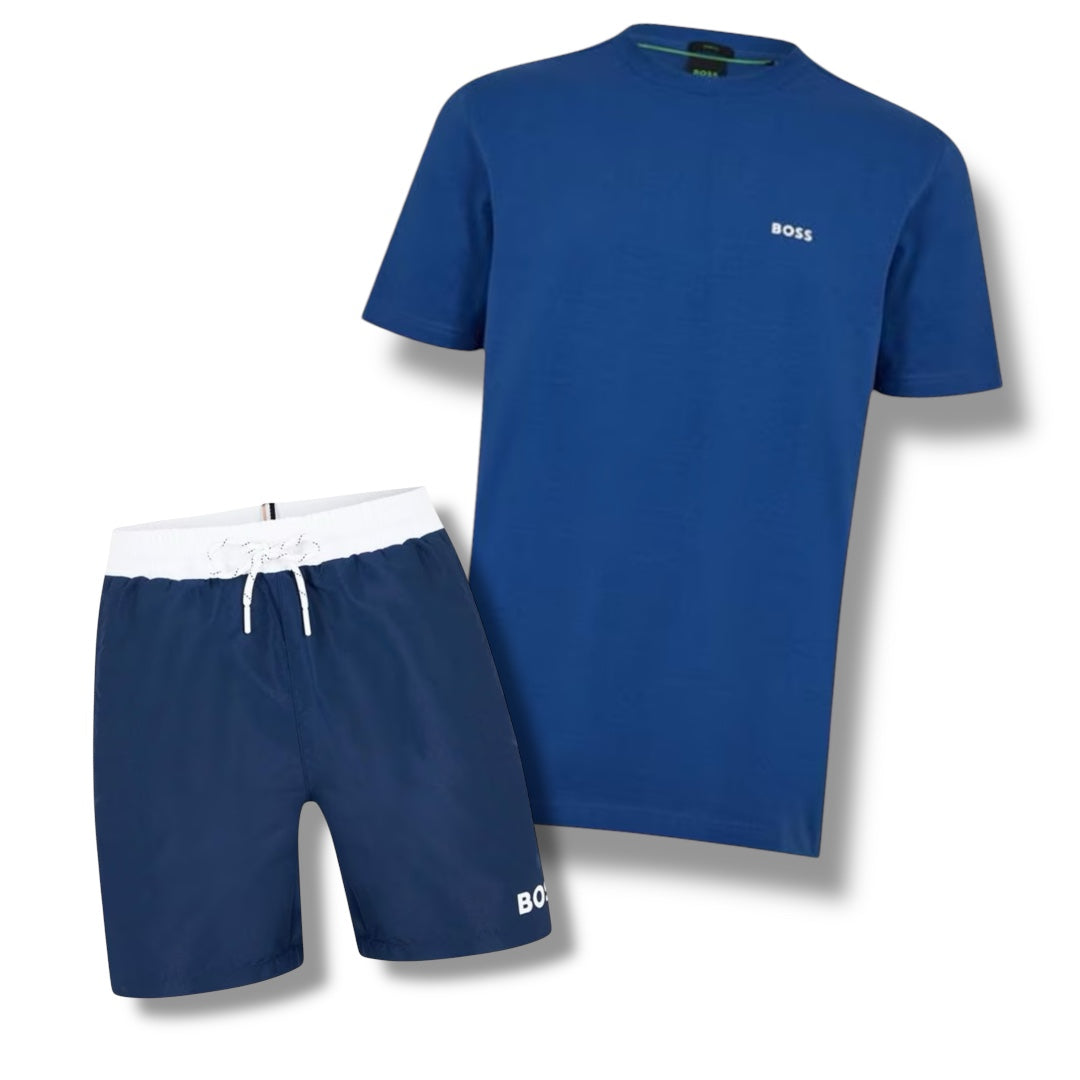 HUGO BOSS SMALL LOGO T-SHIRT & SWIM SHORTS COMBO ROYAL / NAVY BLUE