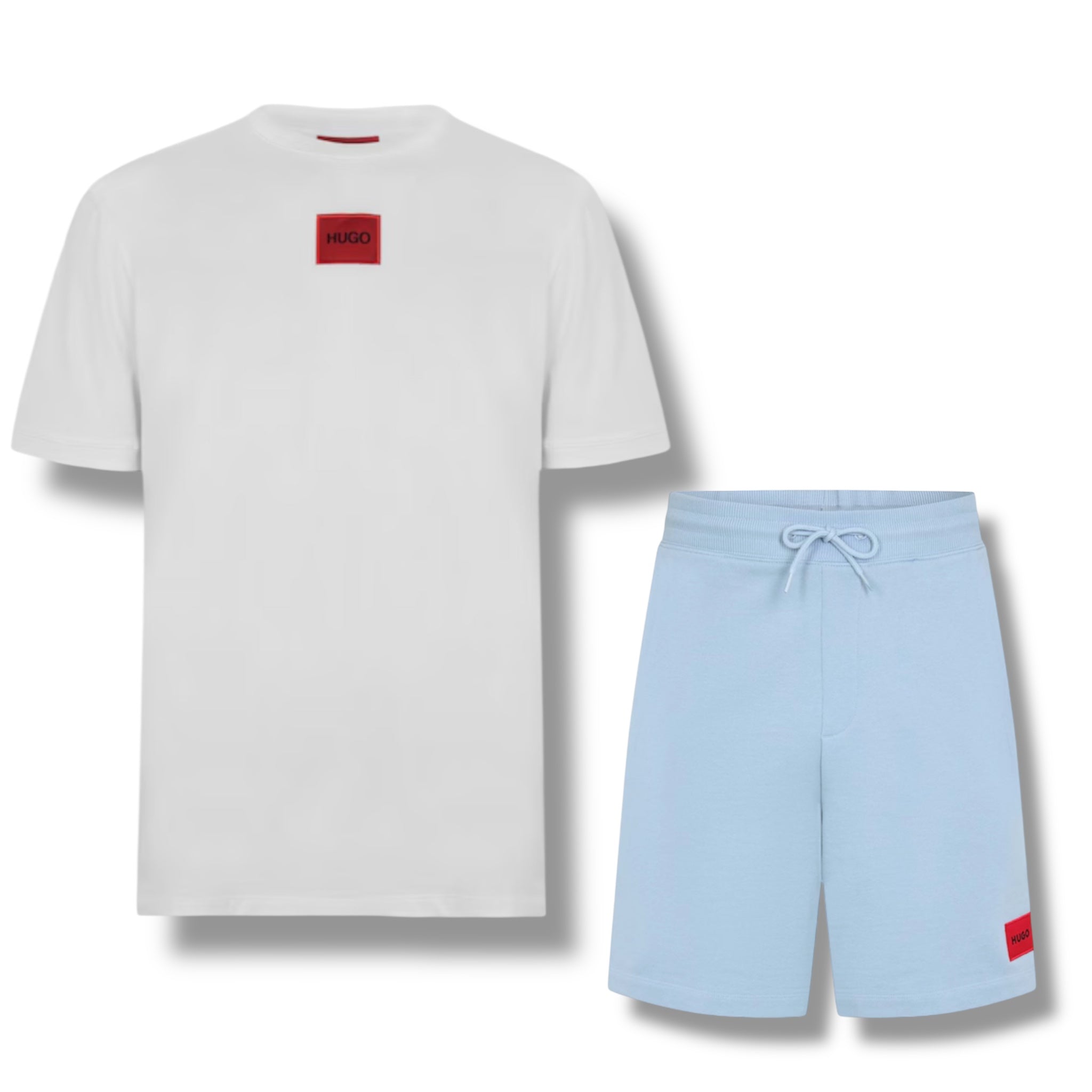 HUGO BOSS HUGO RED PATCH T-SHIRT & JERSEY SHORTS SET WHITE & SKY BLUE