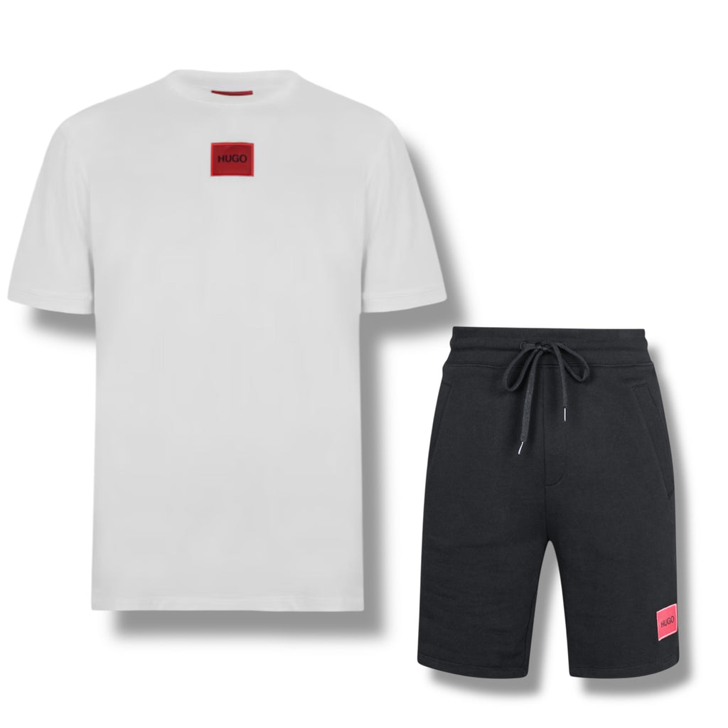 HUGO BOSS HUGO RED PATCH T-SHIRT & JERSEY SHORTS SET WHITE & BLACK
